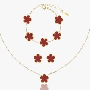 Elegant Gold - Red Burgundy Flower Lucky Clover Necklace- Bracelet- Earrings Set